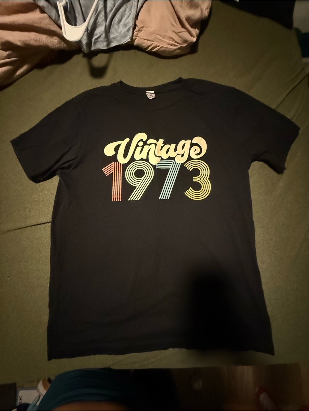 Vintage 1973 Graphic Tee - Black with Yellow/Red/Blue Print
